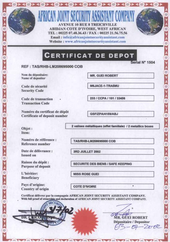 Certificate of deposit from the scam company AFRICA JOINT SECURITY ASSISTANCE COMPANY for the scammers money box's